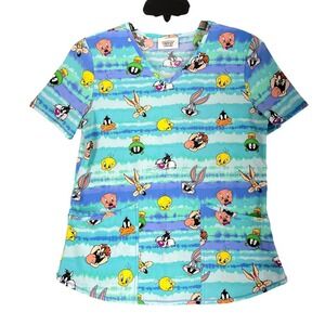 Looney Tunes Womens S Scrub Top Stretch‎ Short Sleeve Medical Cartoon Core